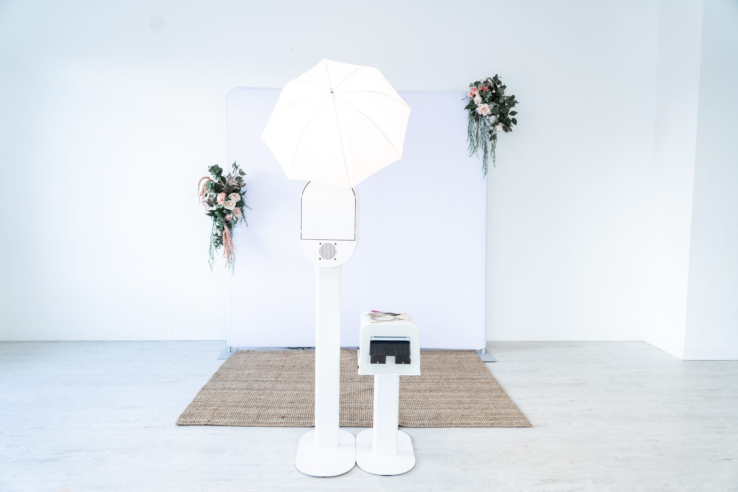 Hamilton Photo Booth White Backdrop and Printer set up